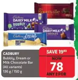 Makro CADBURY Bubbly, Dream or Milk Chocolate Bar offer