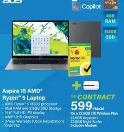 Incredible Connection Aspire 15 AMD® Ryzen™ 5 Laptop offer