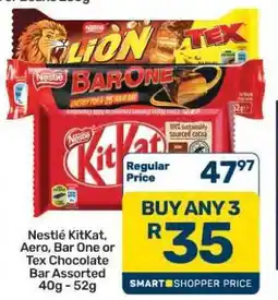 Pick n Pay Hypermarket Nestlé KitKat, Aero, Bar One or Tex Chocolate Bar Assorted 40g - 52g offer