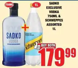 Boxer Liquors SADKO EXCLUSIVE VODKA & SCHWEPPES ASSORTED offer