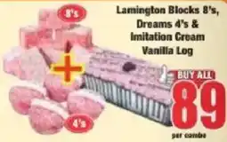 Boxer Lamington Blocks 8's, Dreams 4's & Imitation Cream Vanilla Log offer