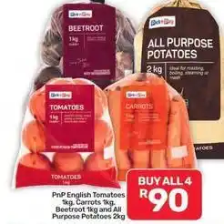 Pick n Pay Liquor English tomatoes, carrots, beetroot and all purpose potatoes offer