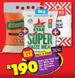 Shoprite Sasko Cake Wheat Flour + White Star Super Maize Meal + Champion Samp offer