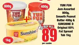 Boxer YUM FUN Jam Assorted 800g, Smooth Peanut Butter 400g & SUNSHINE D Original 60% Fat Spread Tub 1kg offer