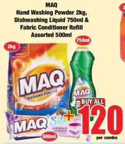 Boxer MAQ Hand Washing Powder 2kg, Dishwashing Liquid 750ml & Fabric Conditioner Refill Assorted 500ml offer