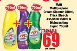 Boxer MAQ Multipurpose Cream Cleaner 750ml, Thick Bleach Assorted 750ml & Dishwashing Liquid 750ml offer