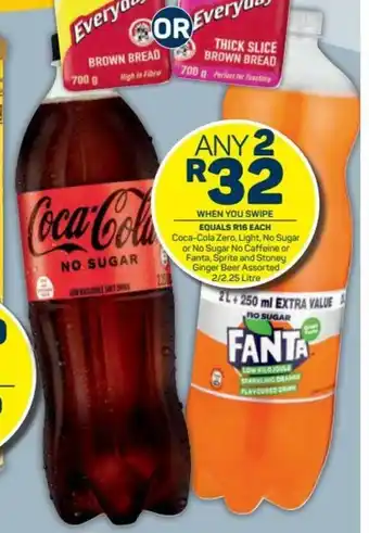 Coca-Cola Zero, Light, No Sugar or No Sugar No Caffeine or Fanta, Sprite and Stoney Ginger Beer Assorted 2/2.25 L