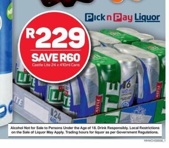 Pick n Pay Castle Lite 24 x 410ml Cans offer