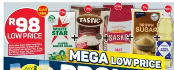 Pick n Pay White Star Super Maize Meal 2.5kg+Tastic Long Grain Parboiled Rice2kg, Sasko Cake Wheat Flour2.5kg, PnP Brown Sugar, NoName™ offer
