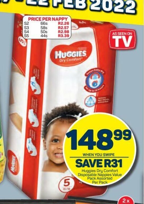 Huggies Dry Comfort Disposable Nappies Value Pack Assorted per pack offer at Pick n Pay