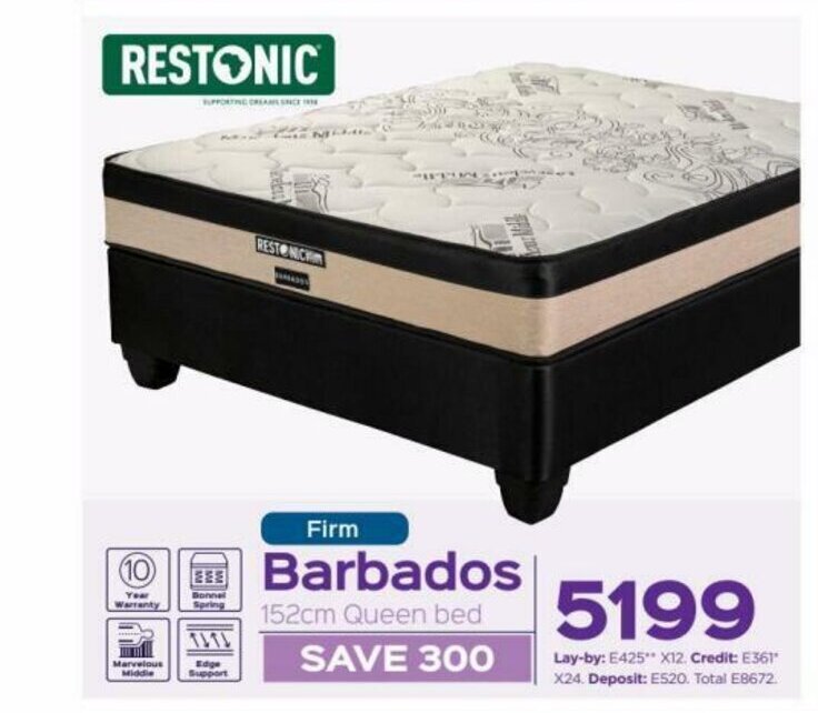 Restonic Firm Barbados 152cm Queen Bed offer at Sleepmasters