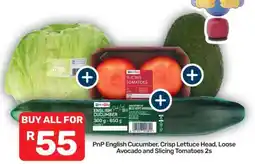 Pick n Pay PnP English Cucumber, Crisp Lettuce Head, Loose Avocado and Slicing Tomatoes 2s offer
