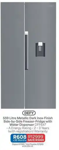 OK Furniture Defy - 559 litre metallic dark inox-finish side-by-side freezer-fridge with water dispenser dff647 offer