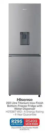 OK Furniture Hisense - 222 litre titanium inox-finish bottom-freezer fridge with water dispenser h310bit-wd offer