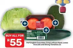 Pick n Pay English cucumber, crisp lettuce head, loose avocado and slicing tomatoes offer