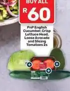 Pick n Pay English cucumber, crisp lettuce head, loose avocado and slicing tomatoes offer