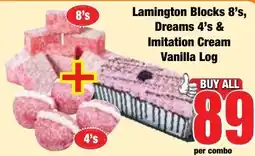 Boxer Superstores Lamington Blocks 8's, Dreams 4's & Imitation Cream Vanilla Log offer