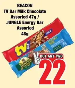 Boxer Superstores BEACON TV Bar Milk Chocolate Assorted / JUNGLE Energy Bar Assorted offer