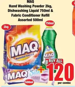 Boxer Superstores MAQ Hand Washing Powder 2kg, Dishwashing Liquid 750ml & Fabric Conditioner Refill Assorted offer