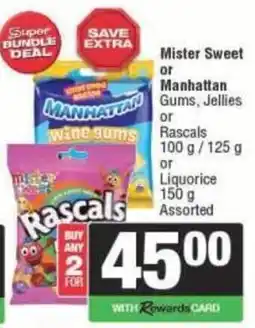 Spar Mister Sweet or Manhattan Gums, Jellies or Rascals or Liquorice Assorted offer