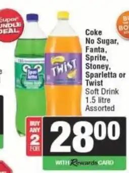 Spar Coke No Sugar, Fanta, Sprite, Stony, Sparletta or Twist Soft Drink Assorted offer
