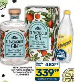 Pick n Pay Schweppes - clemengold gin 750ml and a tonic 1 litre offer