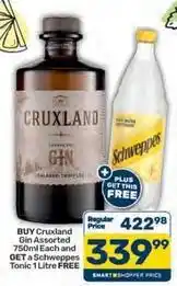 Pick n Pay Schweppes - cruxland gin assorted 750ml each and get a tonic 1 litre free offer