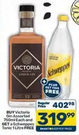 Pick n Pay Schweppes - victoria gin assorted 750ml each and get a tonic 1 litre free offer
