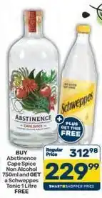 Pick n Pay Schweppes - abstinence cape spice non alcohol 750ml and tonic 1 litre offer