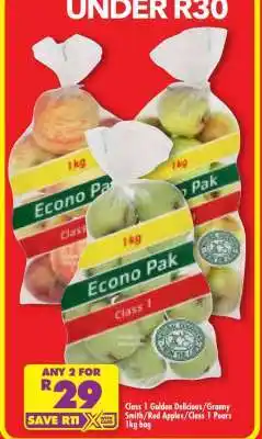 Shoprite Class 1 Golden Delicious/Granny Smith/Red Apples/Class 1 Pears 1kg bag offer