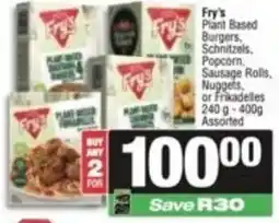 SuperSpar Fry's Plant Based Burgers, Schnitzels, Popcorn, Sausage Rolls, Nuggets, or Frikadellen Assorted offer