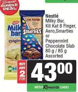 Spar Nestlé Milky Bar, Kit Kat 8 Finger, Aero, Smarties or Peppermint Chocolate Slab offer