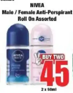 Boxer NIVEA Male / Female Anti-Perspirant Roll On Assorted offer
