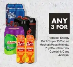 Save Hyper Reboost Energy Drink/Super C/Coo ee Mocktail/Pepsi/Mirinda/7up/Mountain Dew Cooldrink Cans offer