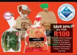 Checkers Choice Green Peppers, Class 1 Onions, Class 1 Boil & Roast Potatoes, Class 1 Tomatoes offer