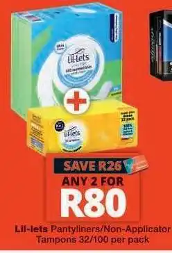 Checkers Lil-lets Pantyliners/Non-Applicator Tampons offer