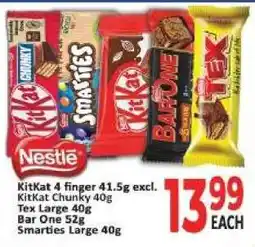 Supa Store KitKat 4 finger 41.5g excl. KitKat Chunky 40g, Tex Large 40g, Bar One 52g, Smarties Large 40g offer