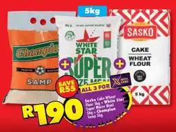 Shoprite Sasko Cake Wheat Flour 5kg + White Star Super Maize Meal 5kg + Champion Samp 5kg offer