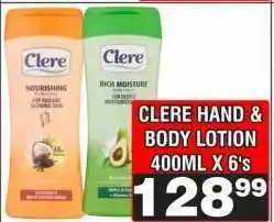 Advance Cash n Carry CLERE HAND & BODY LOTION 400ML X 6's offer