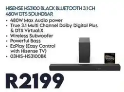 Sounds Great Hisense HS3100 Black Bluetooth 3.1CH 480W DTS Soundbar offer