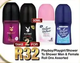 Take 'n Pay Playboy/Playgirl/Shower To Shower Men & Female Roll Ons Assorted offer
