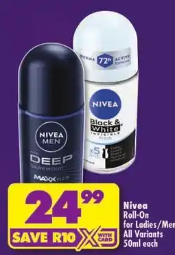 Shoprite Nivea Roll-On for Ladies/Men offer