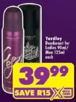 Shoprite Yardley Deodorant for Ladies/Men offer