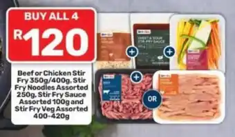Beef or Chicken Stir Fry, Stir Fry Noodles Assorted, Stir Fry Sauce Assorted and Stir Fry Veg Assorted