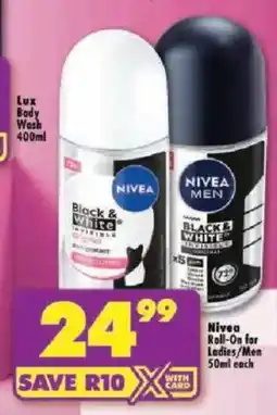 Shoprite Nivea Black & White Invisible Roll-On for Ladies/Men offer