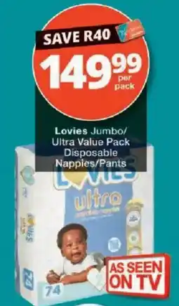 Checkers Lovies Jumbo/ Ultra Value Pack Disposable Nappies/Pants offer