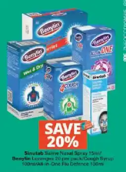 Checkers Sinutab Saline Nasal Spray/Benylin Lozenges/Cough Syrup/All-in-One Flu Defence offer