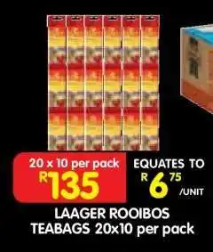 Shoprite LAAGER ROOIBOS TEABAGS 20x10 per pack offer