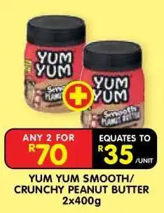 Shoprite YUM YUM SMOOTH/CRUNCHY PEANUT BUTTER 2x400g offer