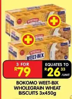 Shoprite BOKOMO WEET-BIX WHOLEGRAIN WHEAT BISCUITS 3x450g offer